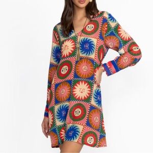 Johnny Was Lionora V-Neck Silk Swing Slip Dress Long Sleeve Sun Print NWT $378
